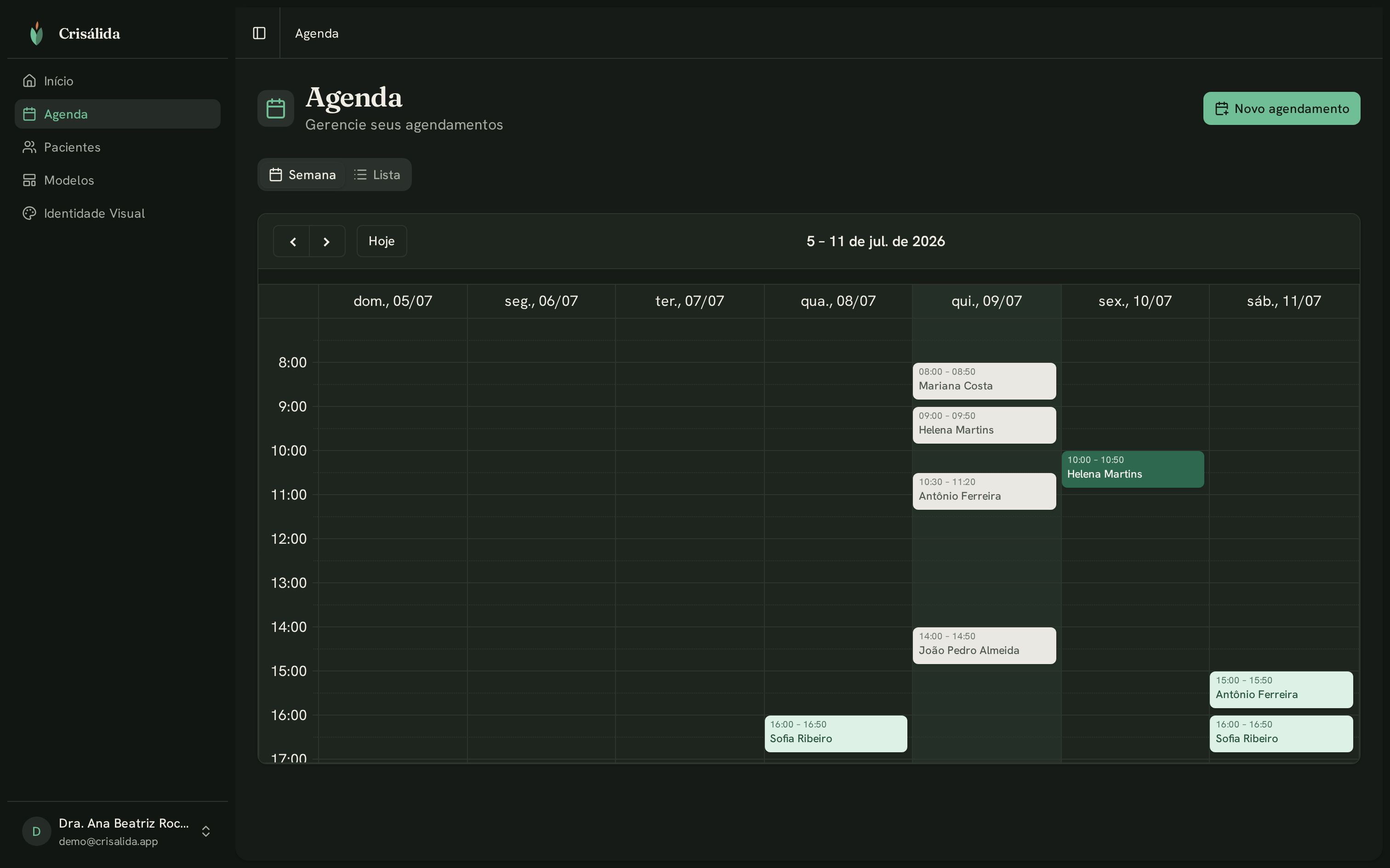 Agenda semanal da Crisálida com as consultas da semana