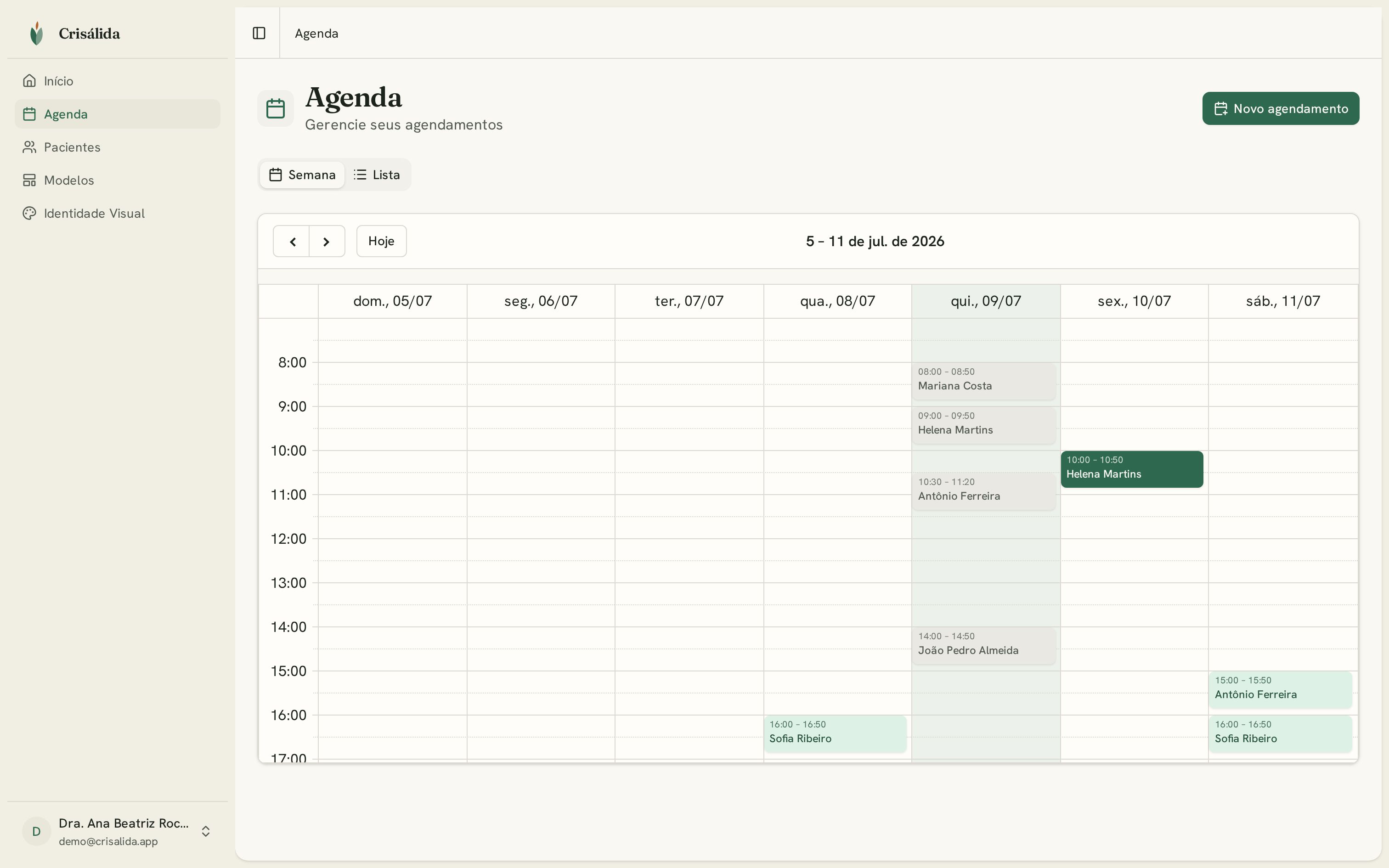 Agenda semanal da Crisálida com as consultas da semana