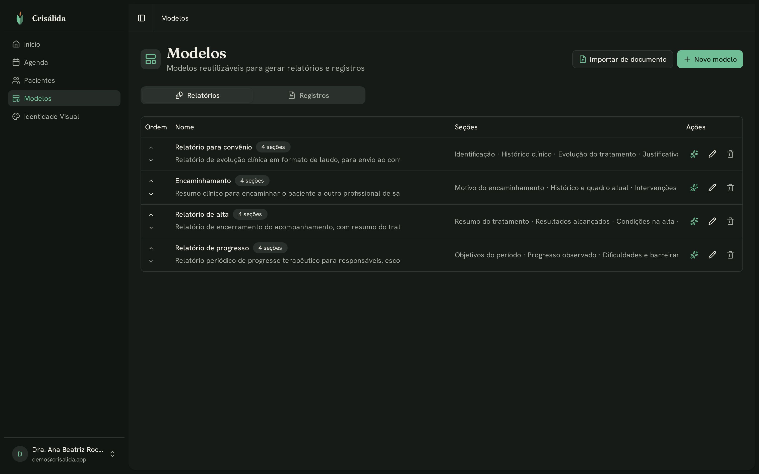 Seção de modelos da Crisálida com modelos reutilizáveis de documentos clínicos