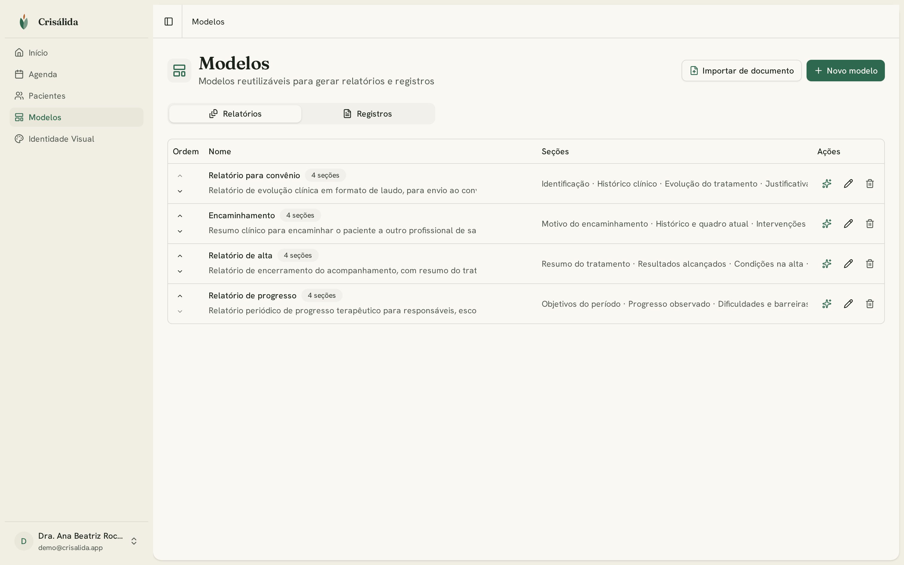 Seção de modelos da Crisálida com modelos reutilizáveis de documentos clínicos