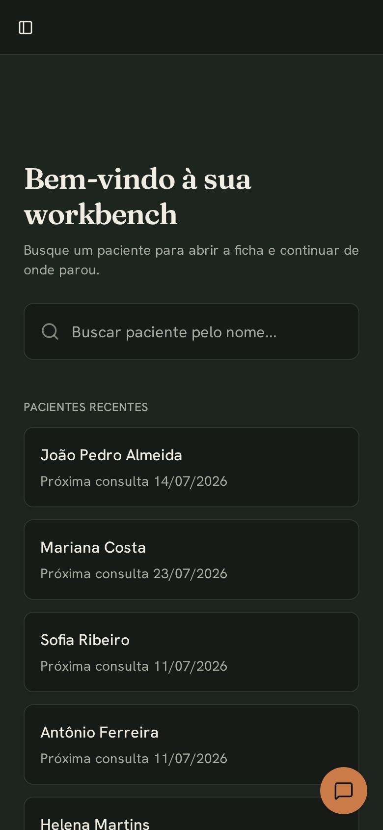 Workbench da Crisálida no celular com busca de pacientes