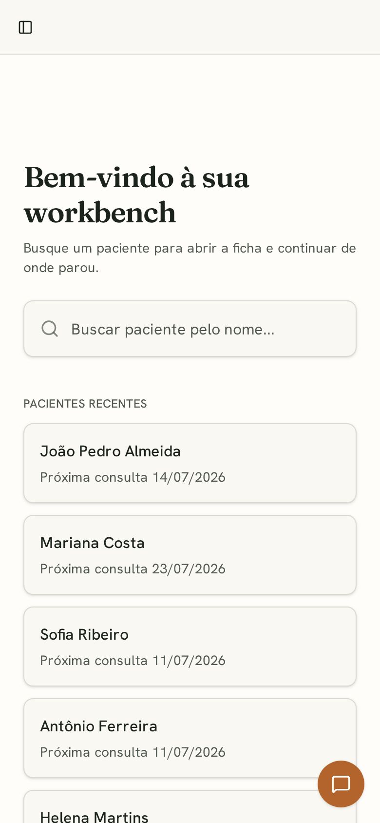 Workbench da Crisálida no celular com busca de pacientes